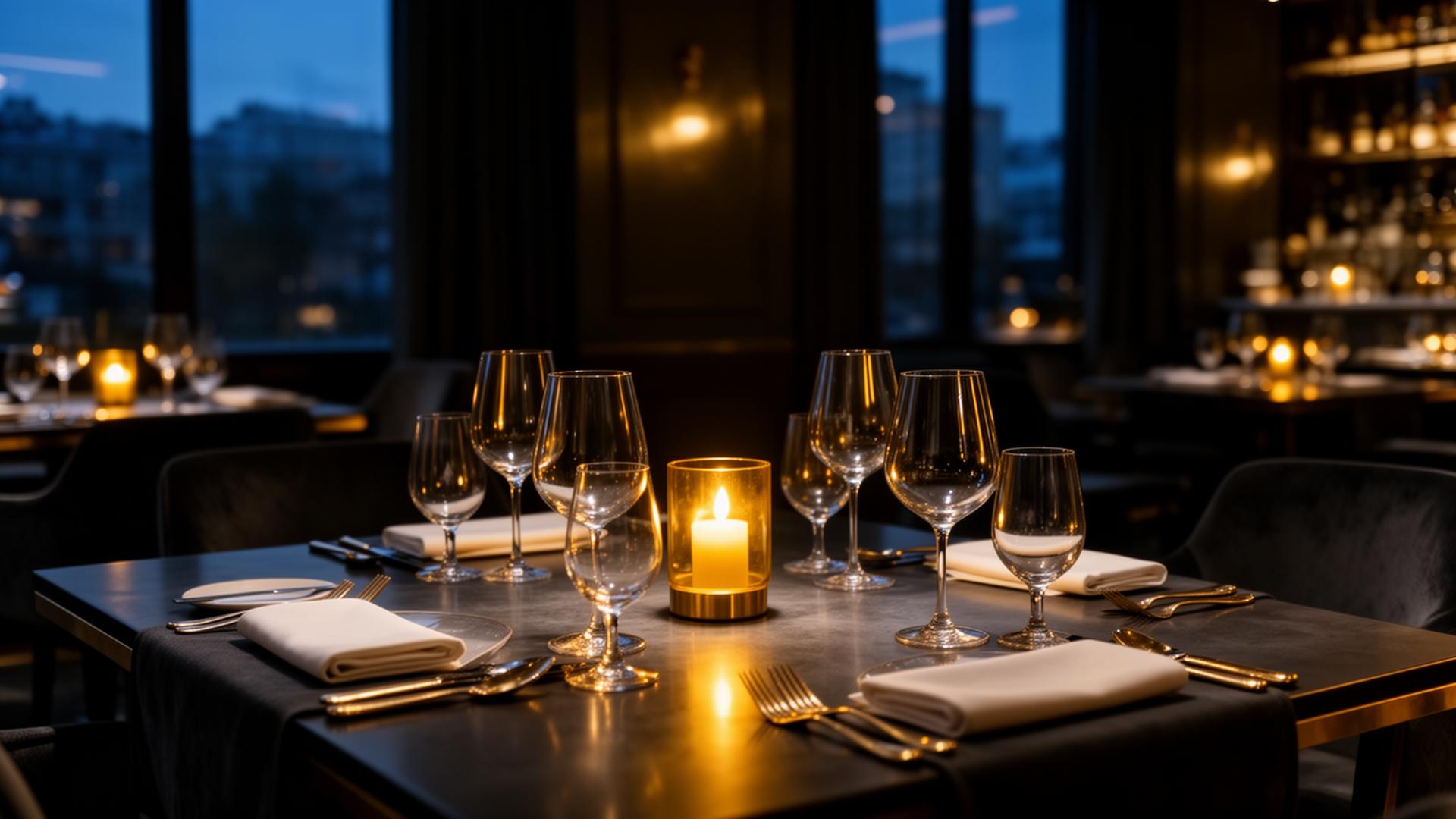 Atmosphärisches Restaurantinterieur am Abend mit Kerzenlicht und edlen Tischarrangements
